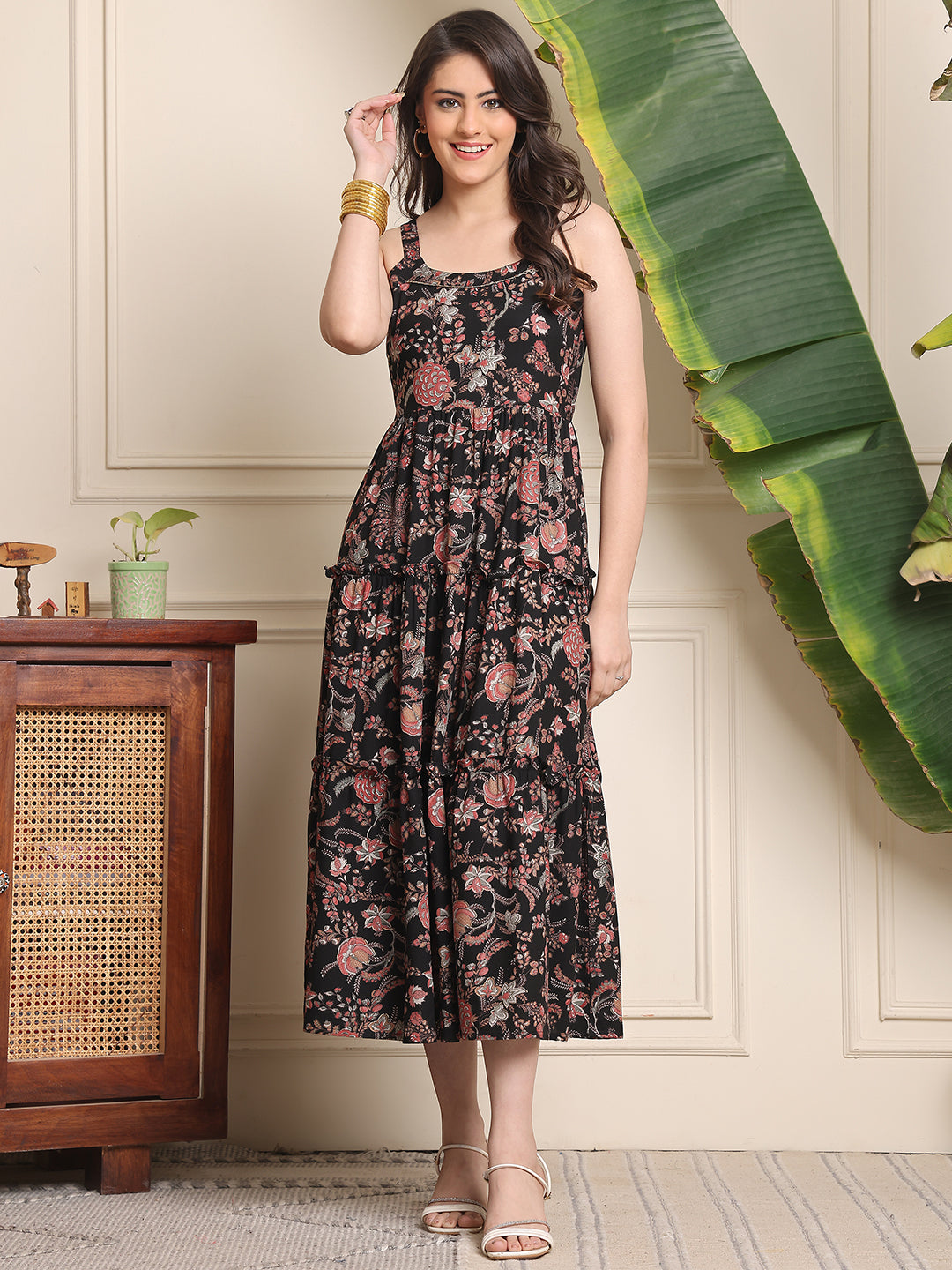 Multi Colour Floral Printed Viscose Rayon Dress For Women