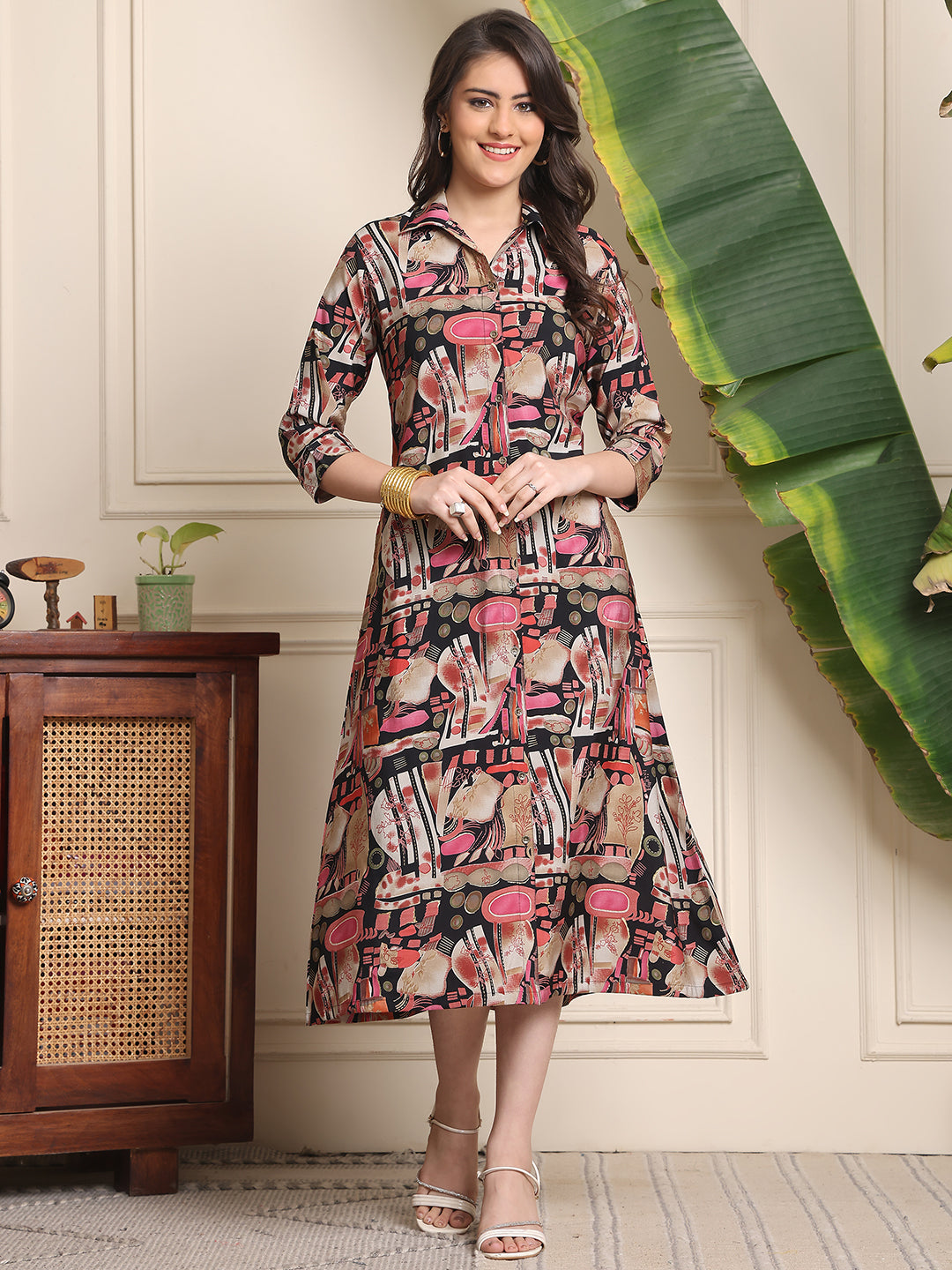 Multi Colour Abstract Printed Chanderi Premium Dress For Women
