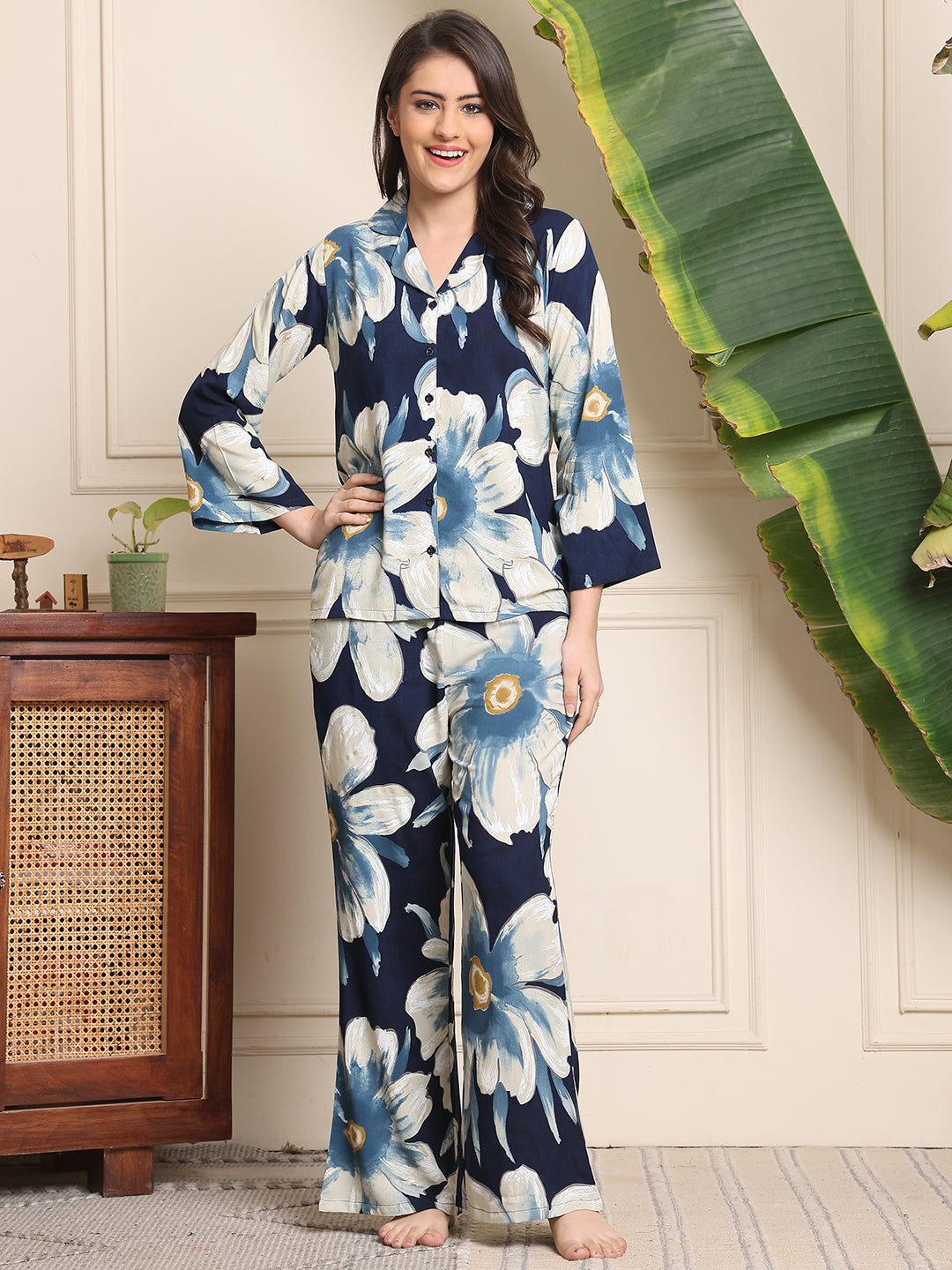 Blue Floral Printed Viscose Rayon Night Suit for Women by Claura