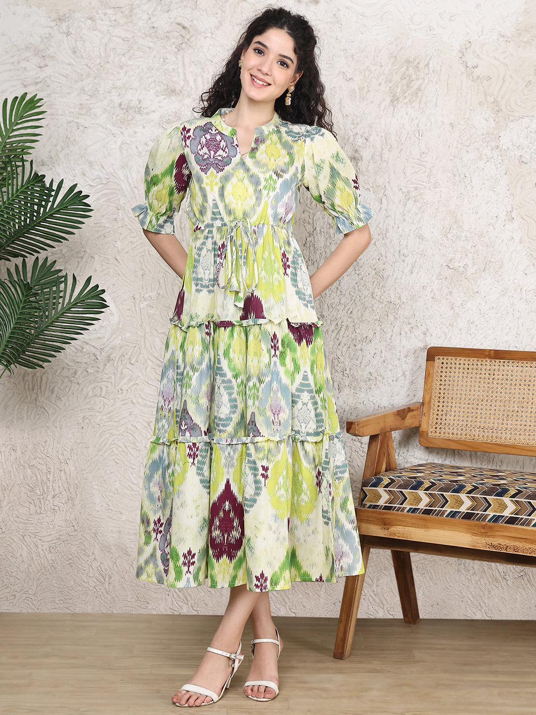 Woman wearing multi colour ethnic printed cotton dress