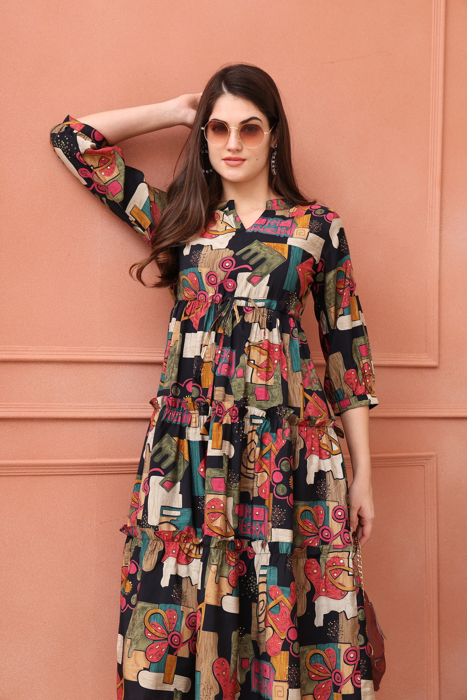 Black Color Abstract Printed Ethnic Chanderi Premium Dress For Women