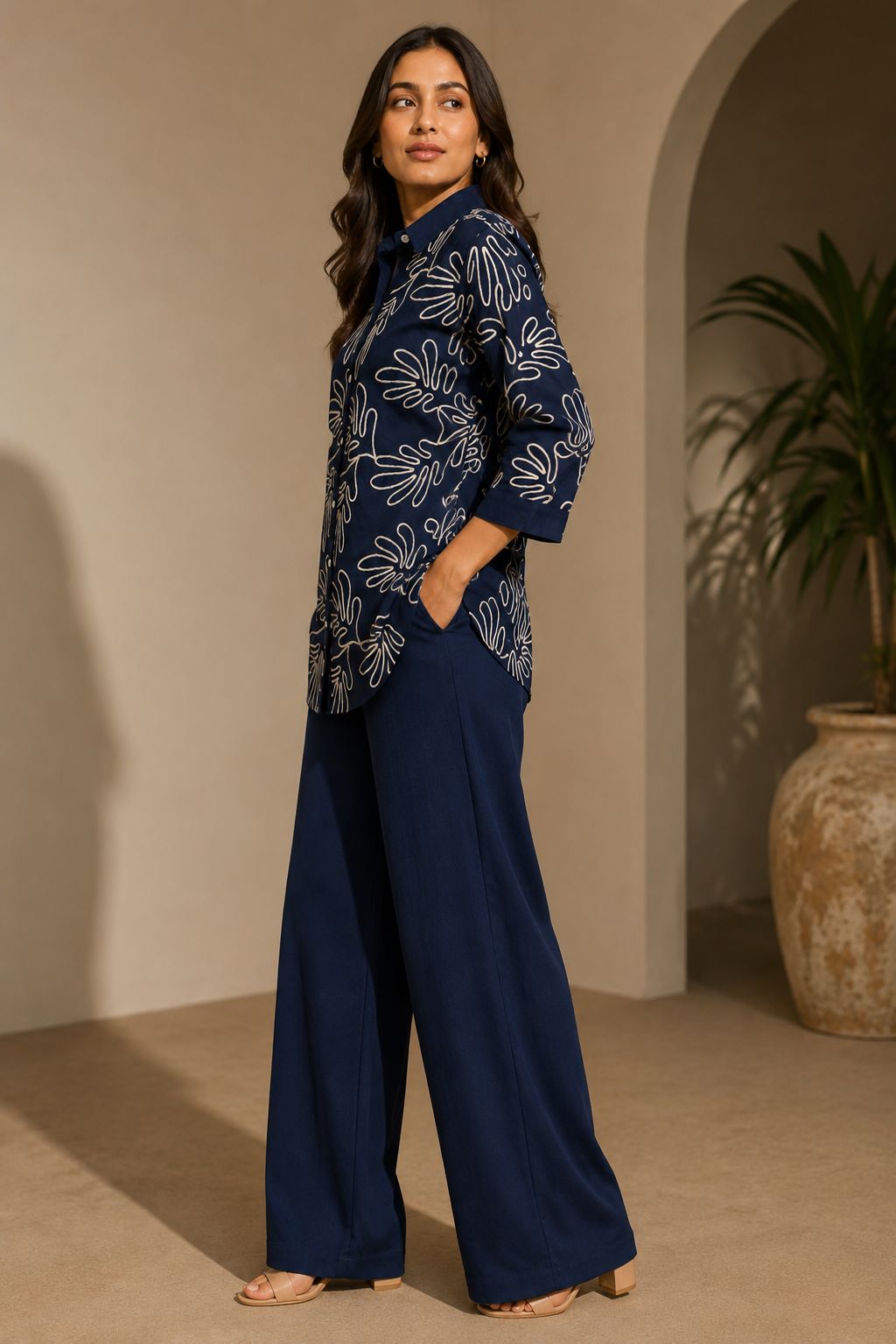 Navy Blue Embroidered Linen Shirt & Palazzo Co-Ord Set | Claura