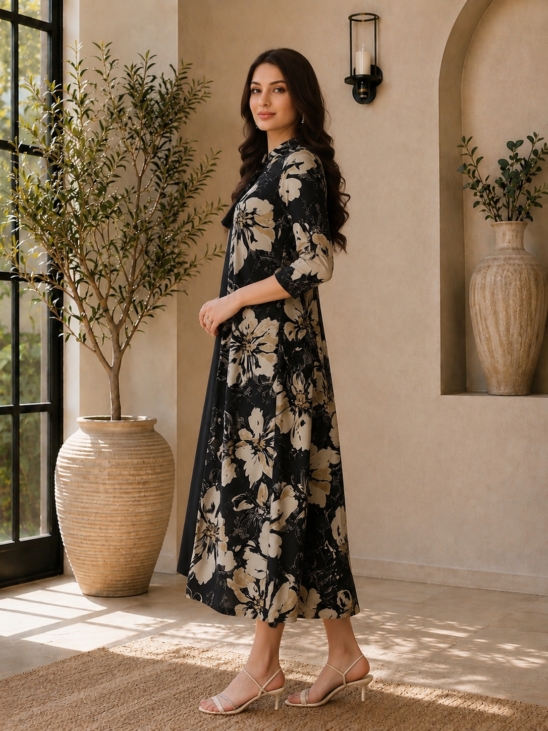 Black Color Floral Printed Chanderi Silk Dress for Women | Claura