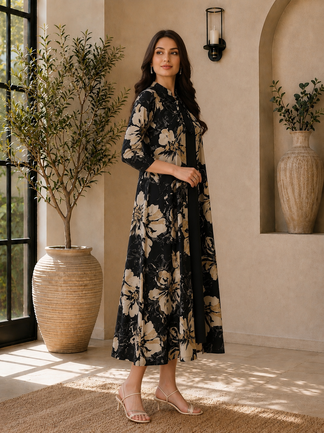 Black Color Floral Printed Chanderi Silk Dress for Women | Claura