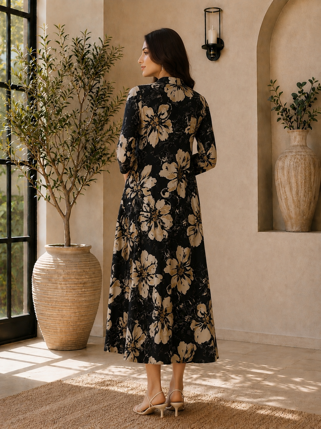 Black Color Floral Printed Chanderi Silk Dress for Women | Claura