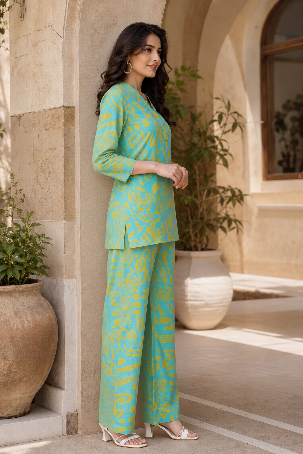 Blue Abstract Printed Casual Cotton Co-Ord Set for Women