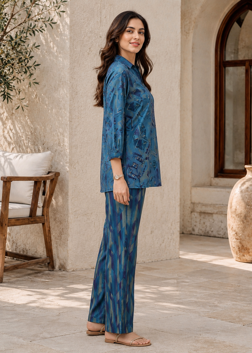 Blue Abstract Premium Chanderi Silk V-Neck Co-Ord Set Women