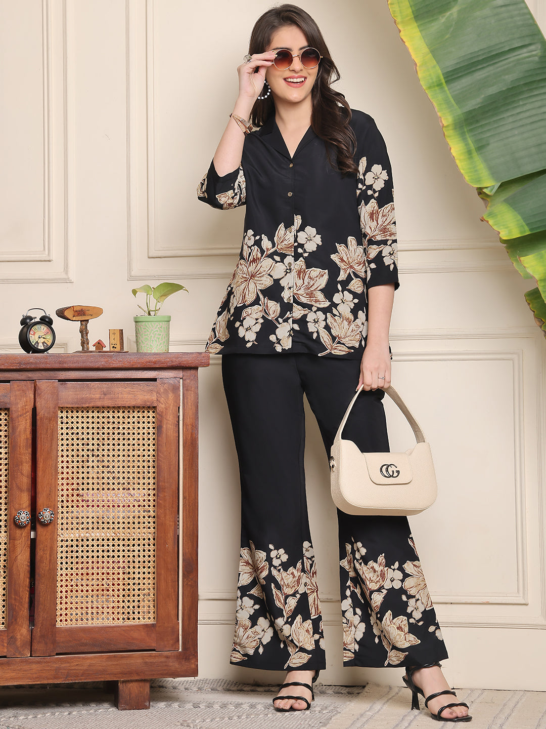 Woman wearing Black Floral Printed Co-Ord Set