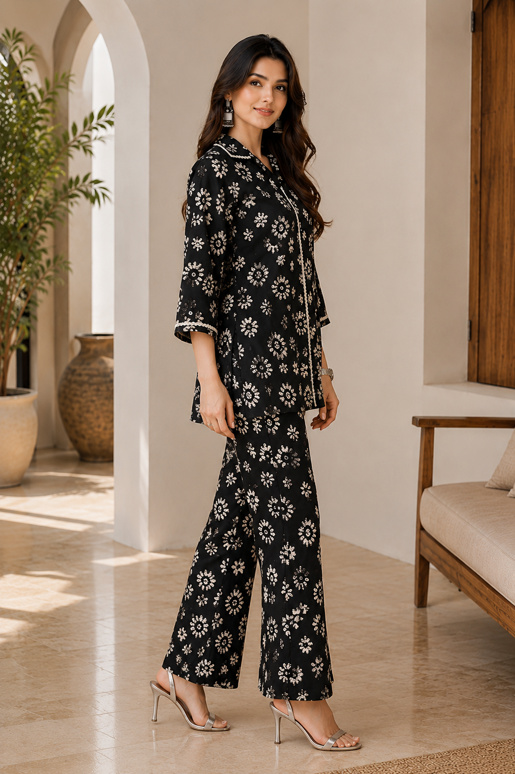 Black Floral Chanderi Co-Ord for Women | Claura
