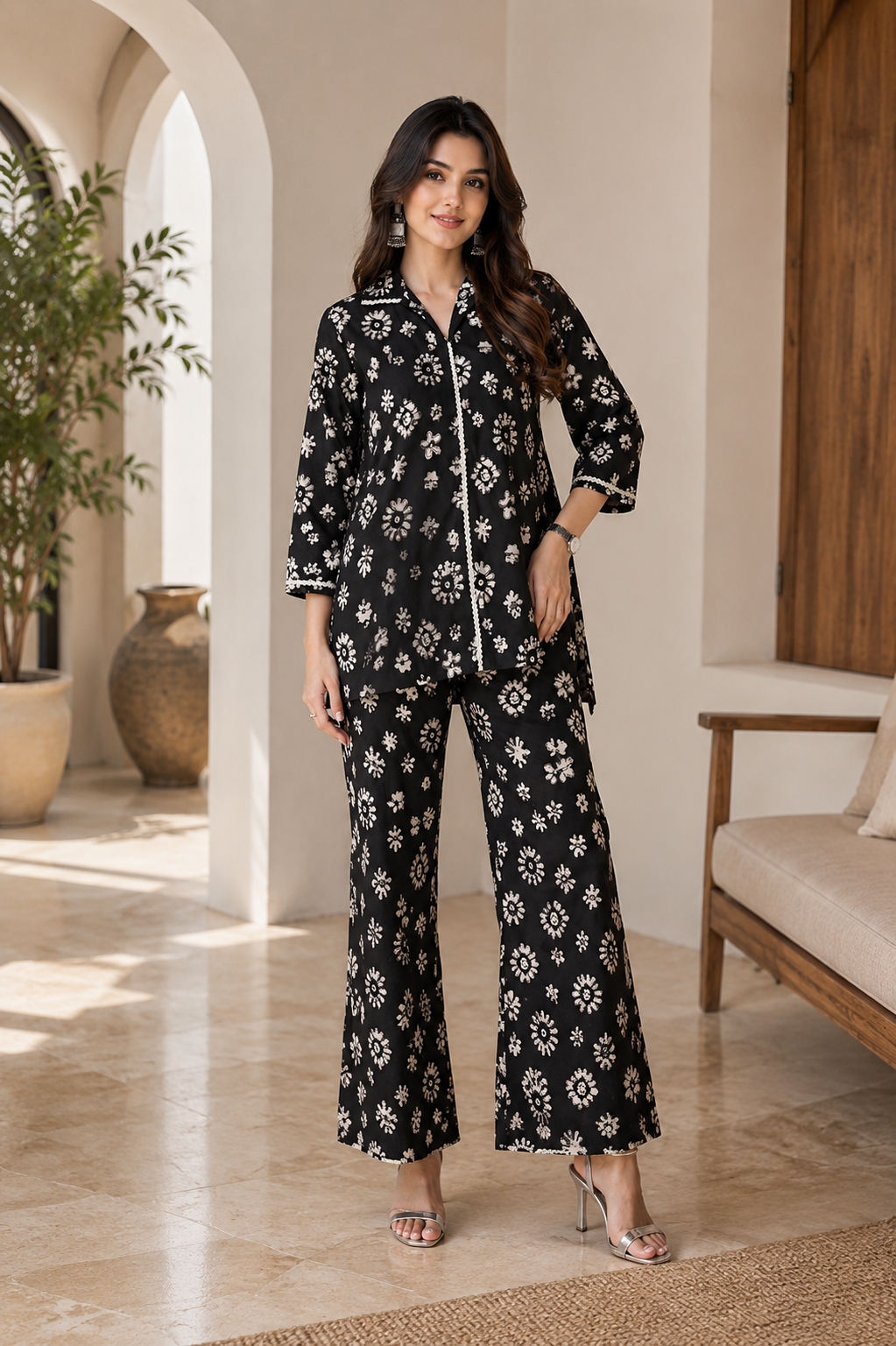 Black Floral Chanderi Co-Ord for Women | Claura