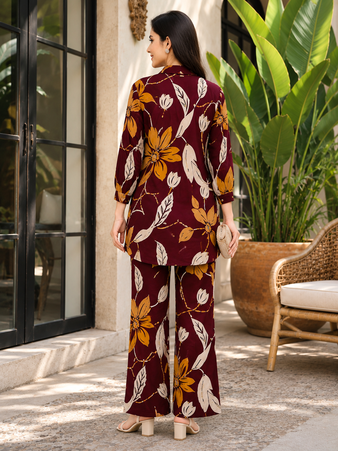 Maroon Floral Printed Chanderi Silk Co-Ord Set for Women