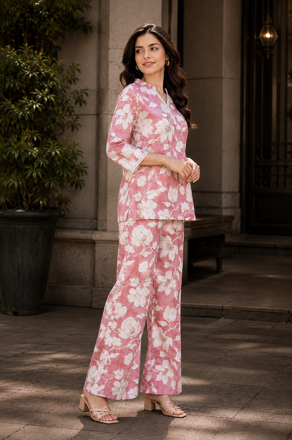 Pink Floral Premium Chanderi Silk Co-Ord Set For Women