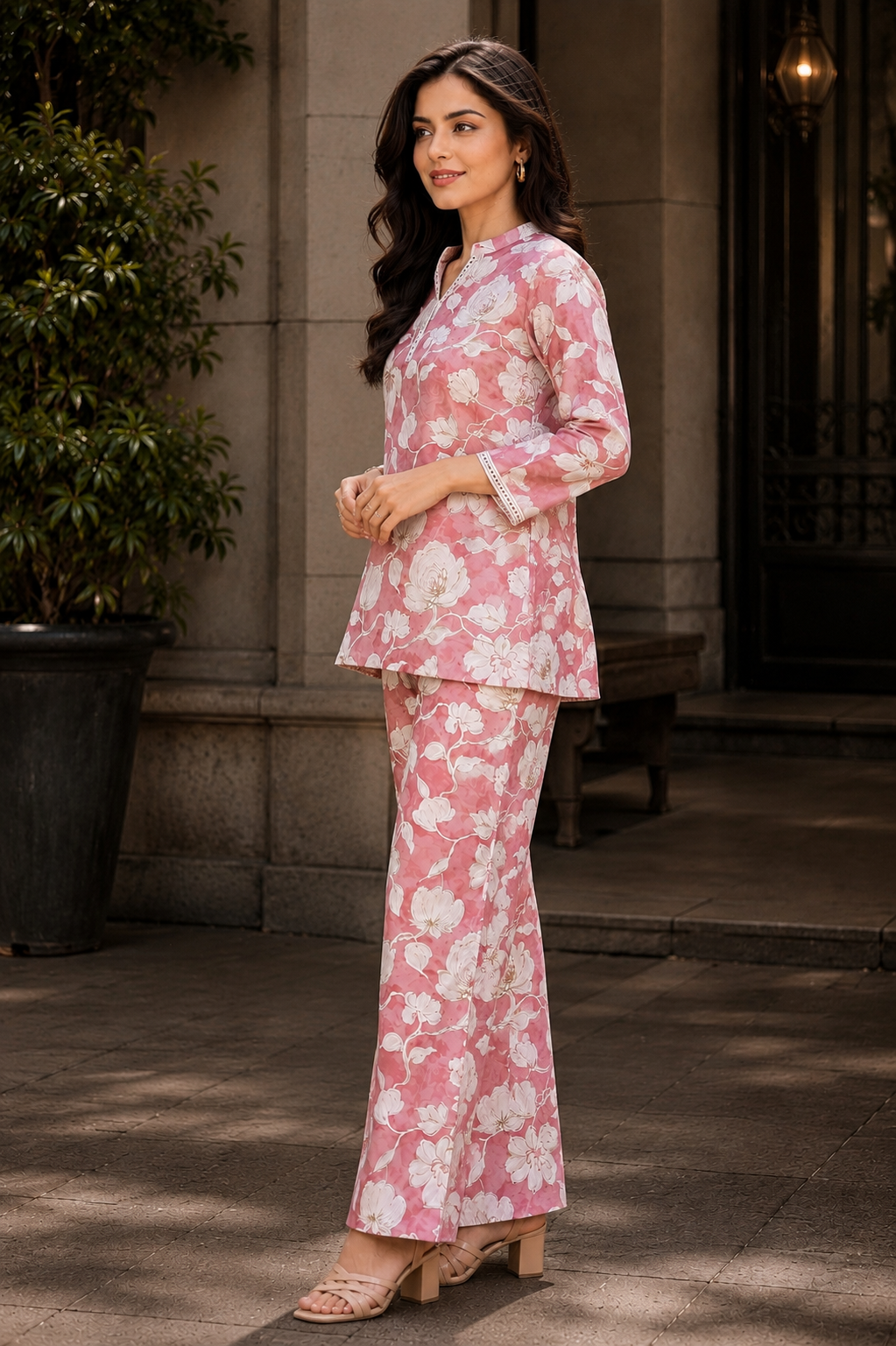 Pink Floral Premium Chanderi Silk Co-Ord Set For Women
