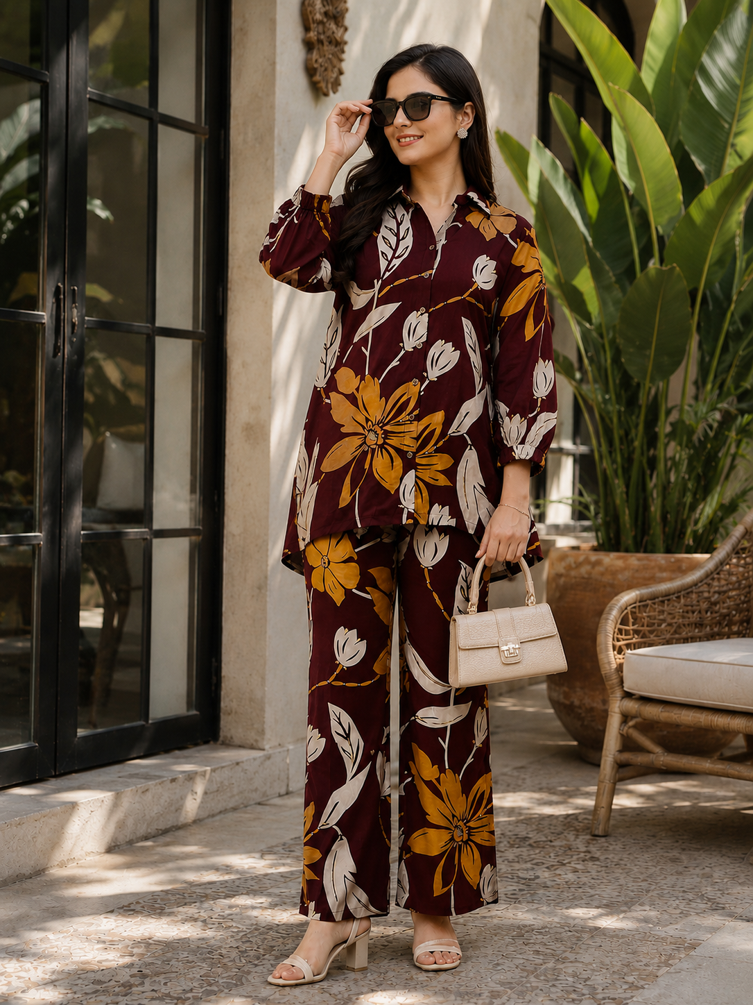 Maroon Floral Printed Chanderi Silk Co-Ord Set for Women