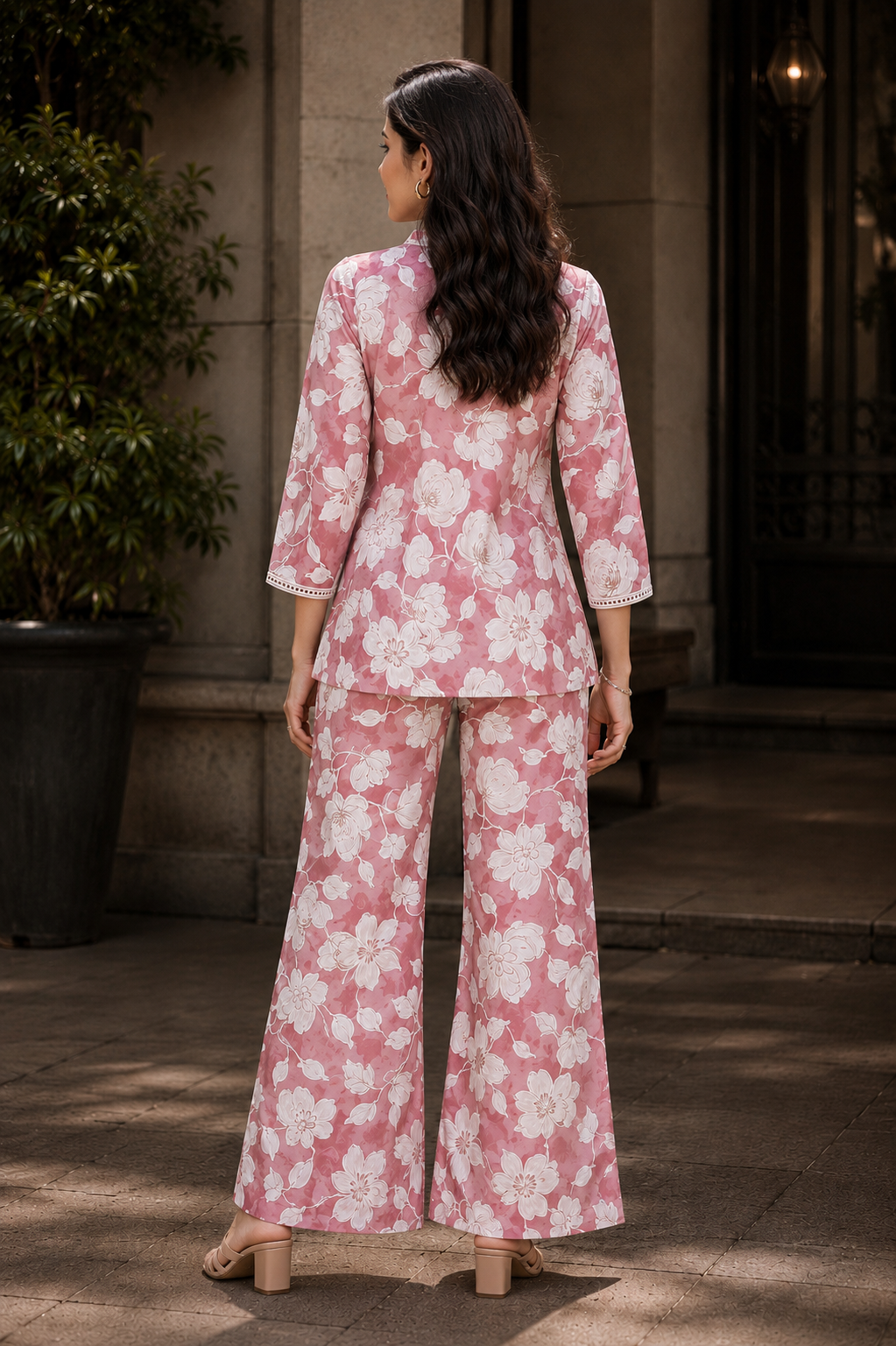 Pink Floral Premium Chanderi Silk Co-Ord Set For Women