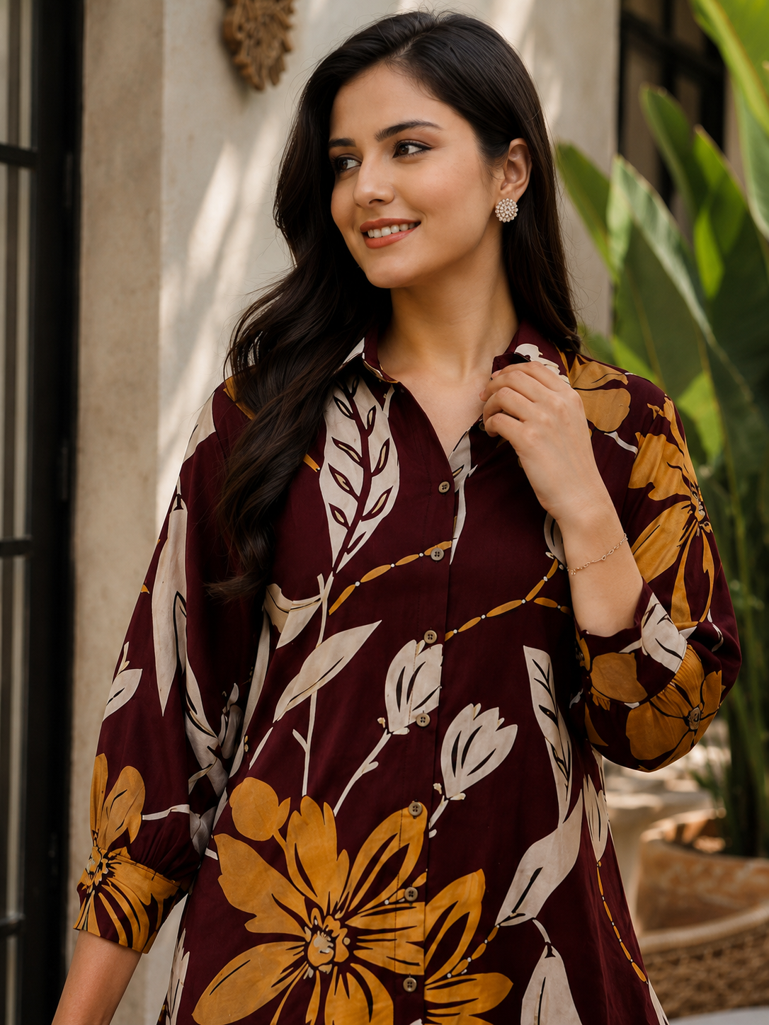 Maroon Floral Printed Chanderi Silk Co-Ord Set for Women