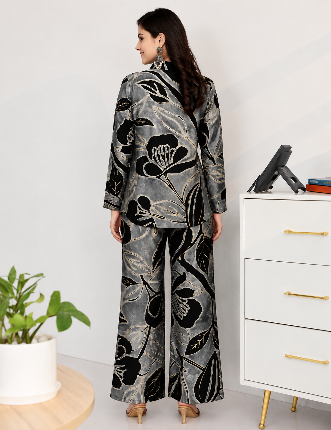 Black Floral Chanderi Silk Co-Ord Set for Women | Claura