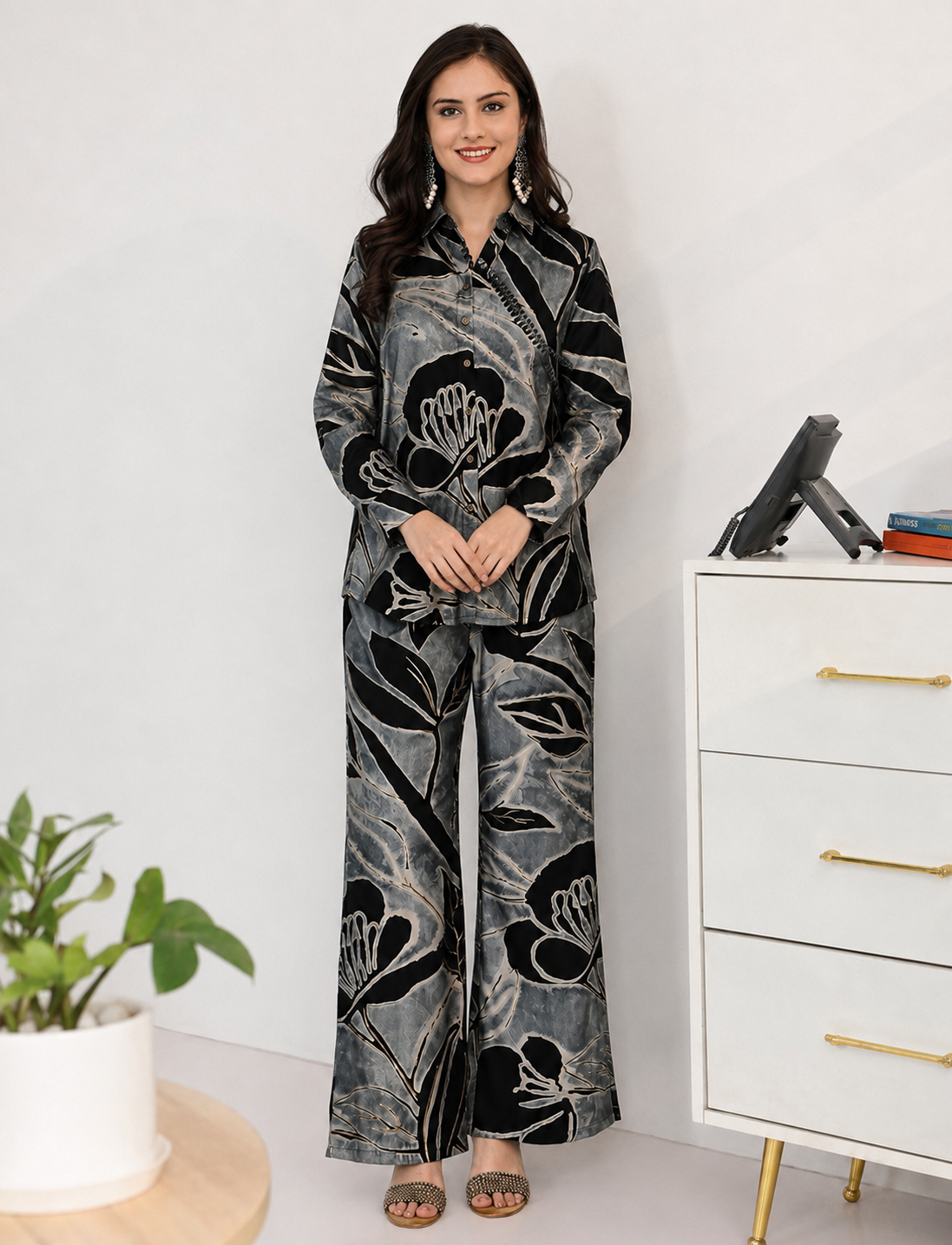 Black Floral Chanderi Silk Co-Ord Set for Women | Claura
