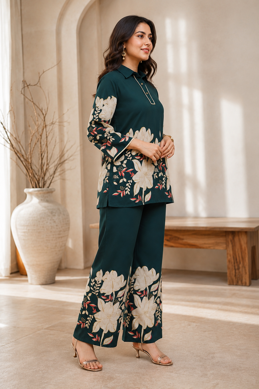Dark Green Floral Chanderi Co-Ord Set for Women | Claura