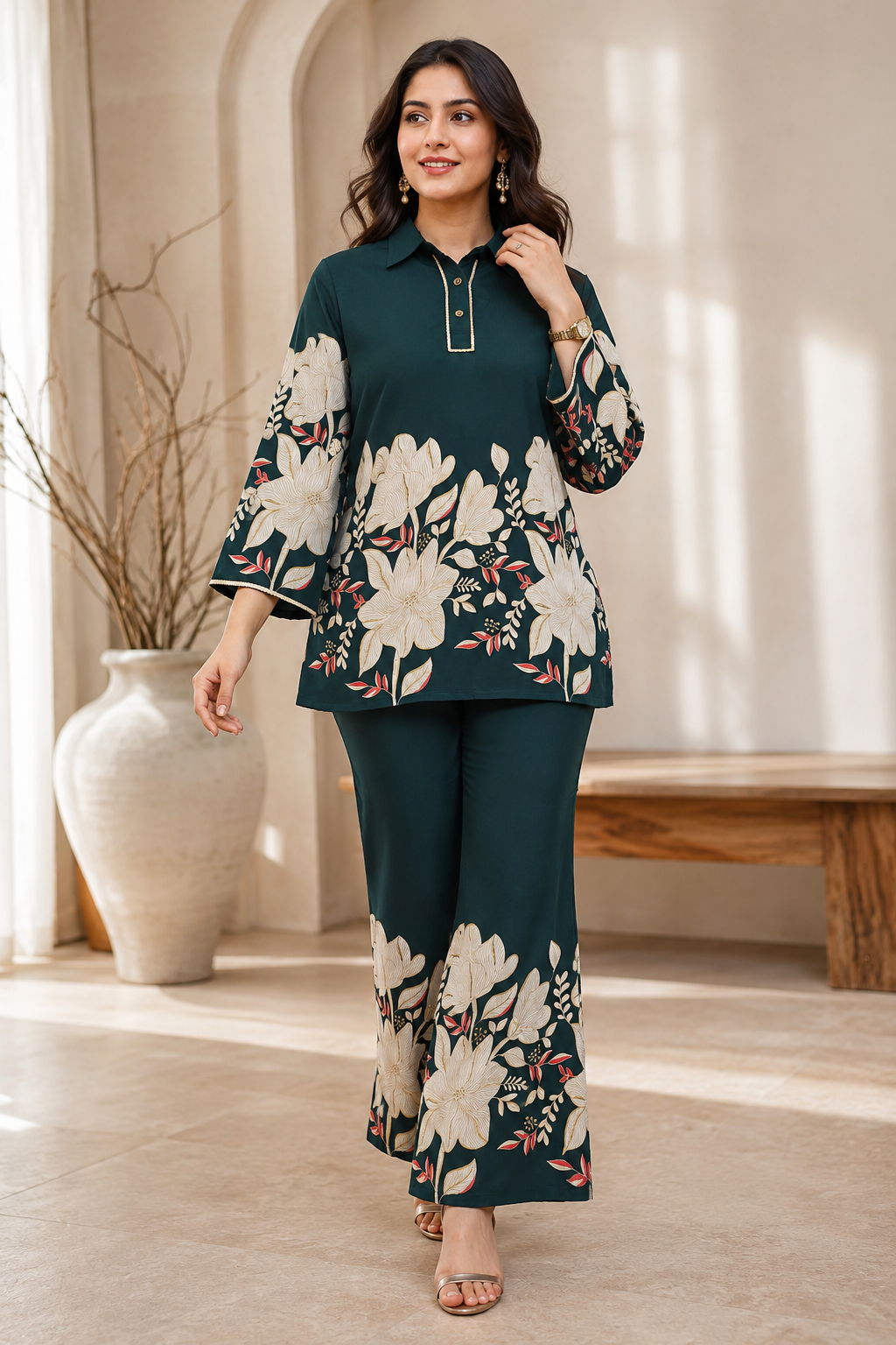 Dark Green Floral Chanderi Co-Ord Set for Women | Claura