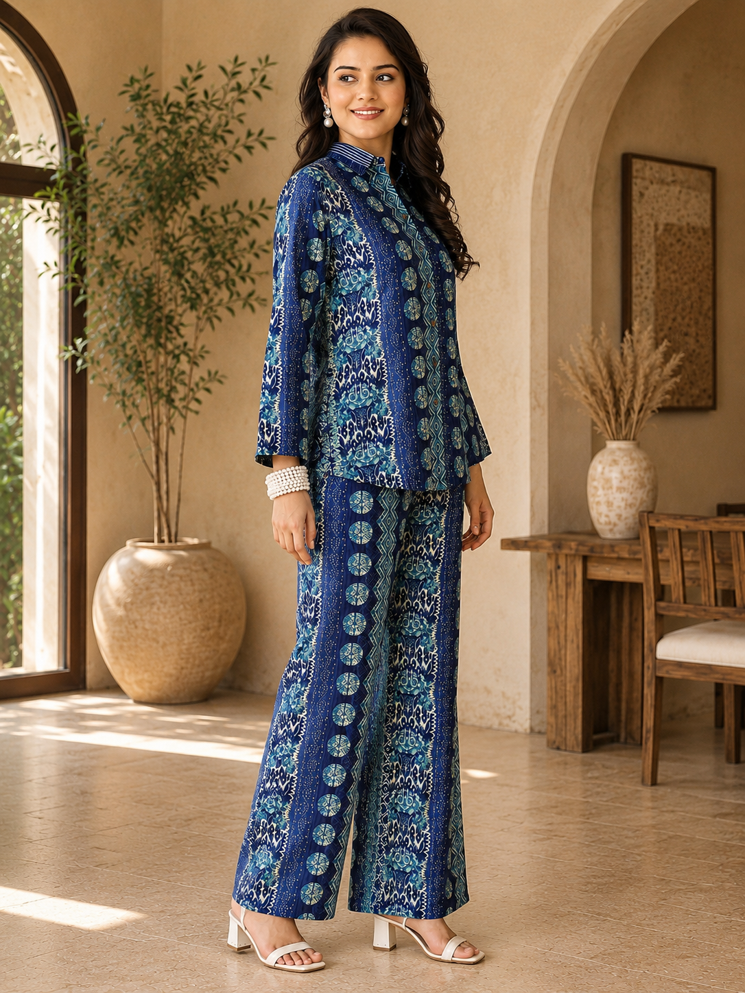 Blue Abstract Chanderi Silk Tunic Co-Ord Set for Women