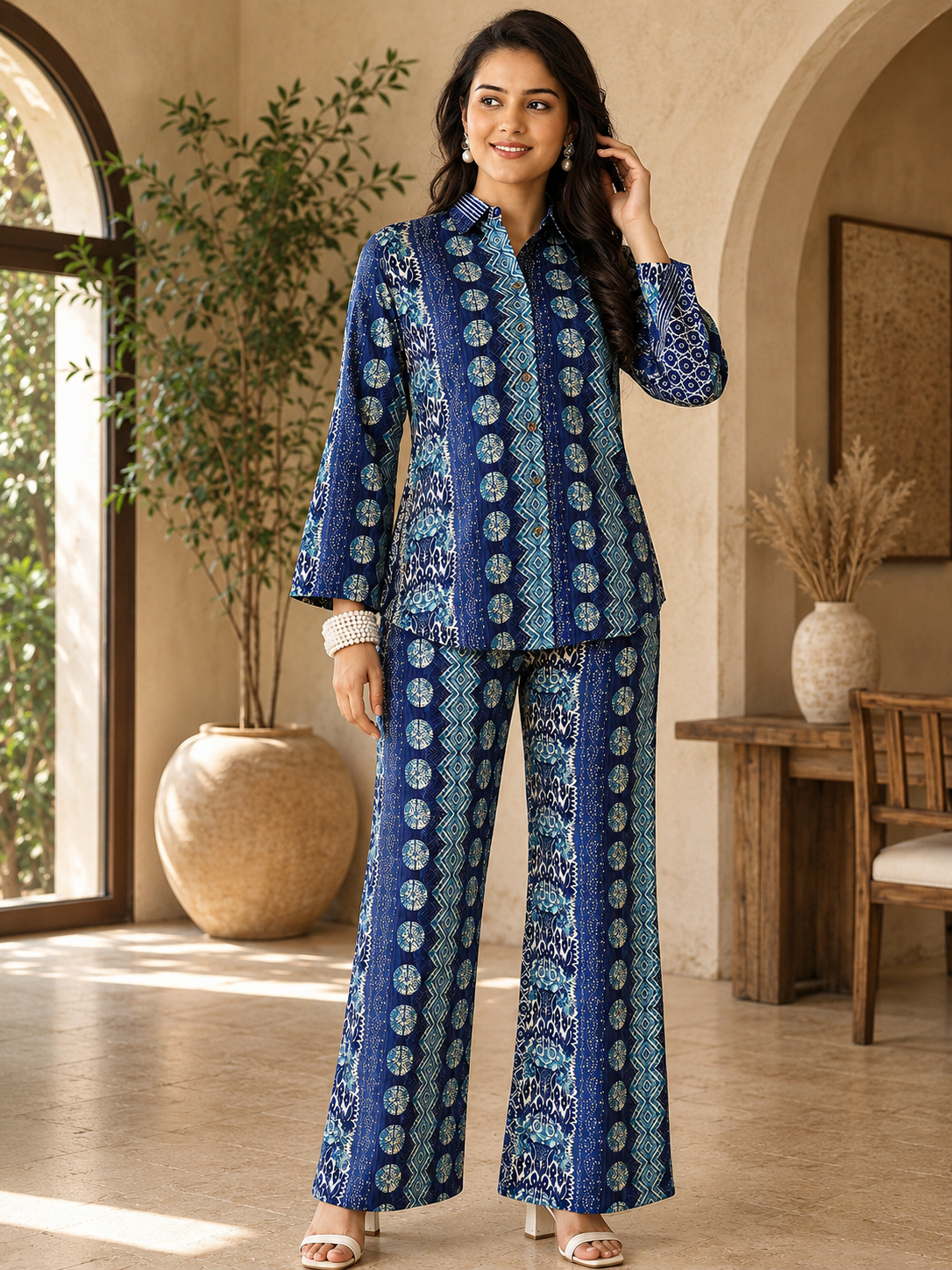 Blue Abstract Chanderi Silk Tunic Co-Ord Set for Women