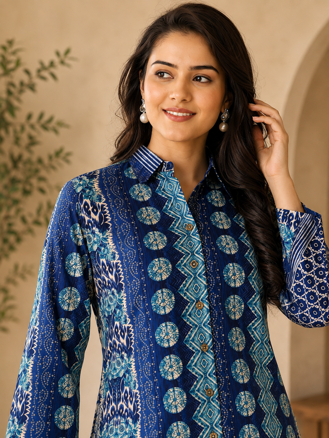 Blue Abstract Chanderi Silk Tunic Co-Ord Set for Women