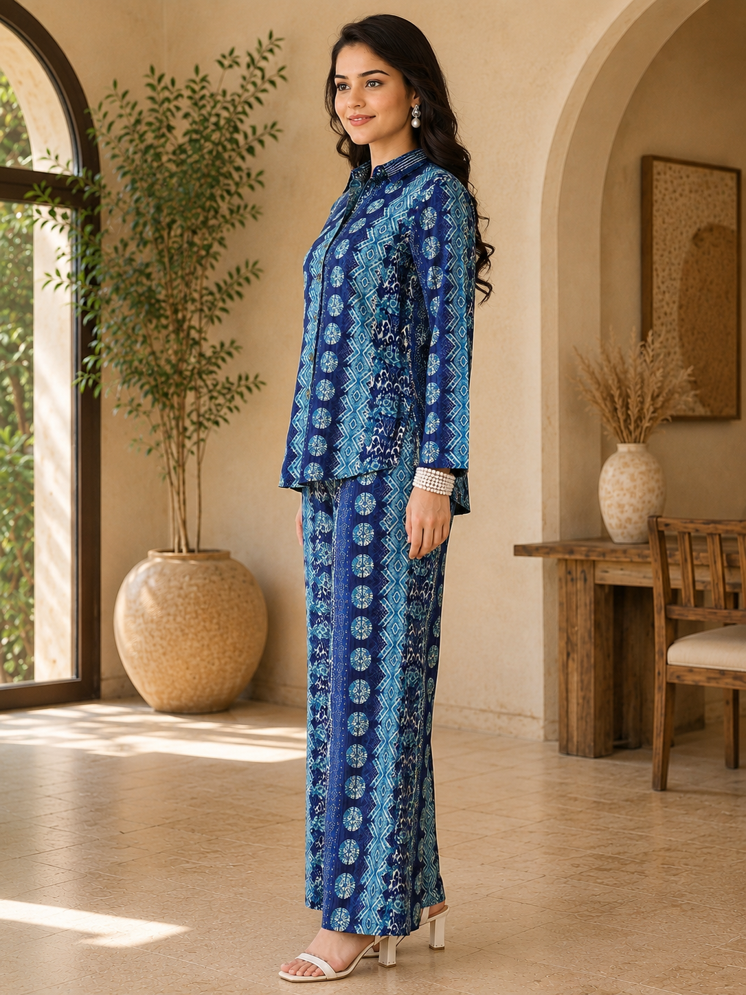 Blue Abstract Chanderi Silk Tunic Co-Ord Set for Women
