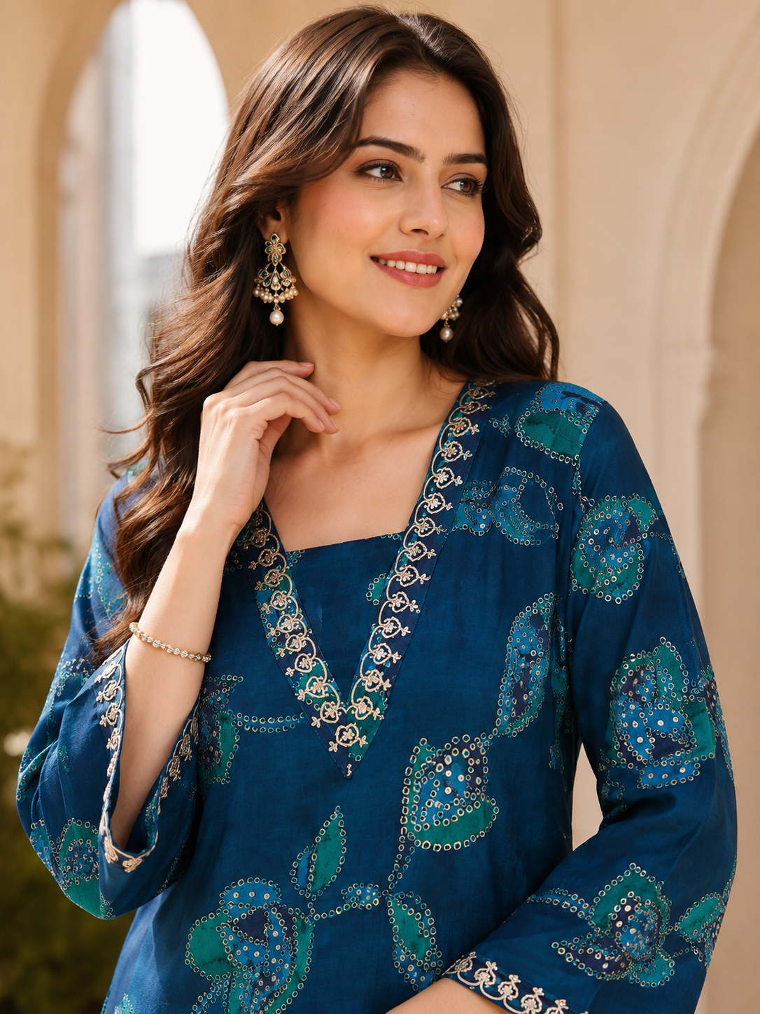 Blue Abstract Chanderi Silk Shirt Collar Co-Ord Set Women