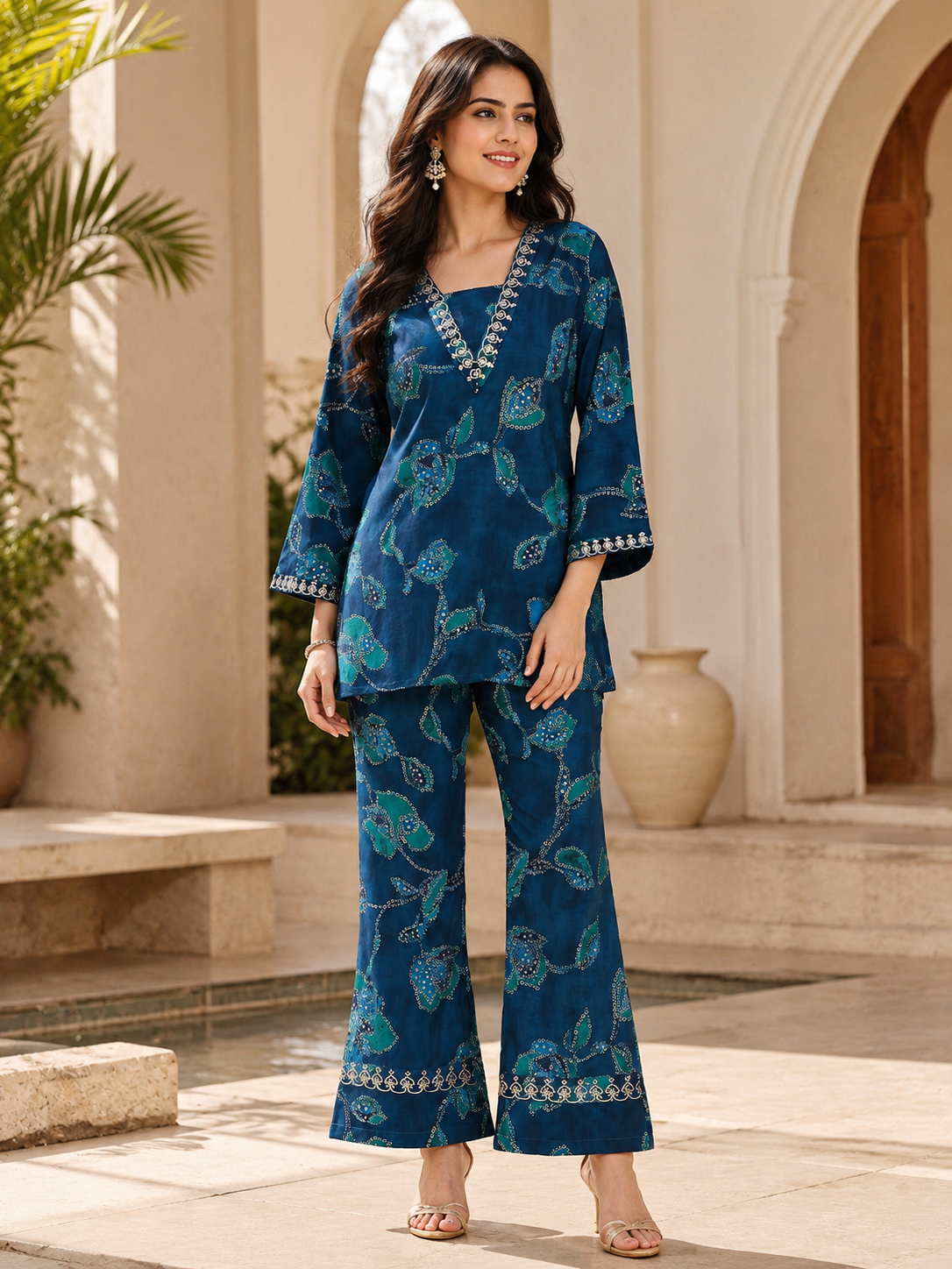 Blue Abstract Chanderi Silk Shirt Collar Co-Ord Set Women