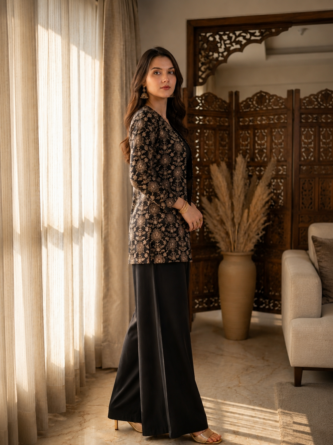 Black Ethnic Chanderi Silk Co-Ord Set for Women With Embroidered Jacket | Claura