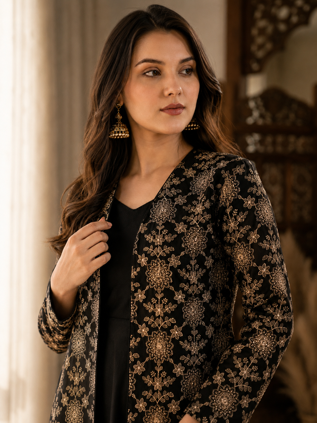 Black Ethnic Chanderi Silk Co-Ord Set for Women With Embroidered Jacket | Claura