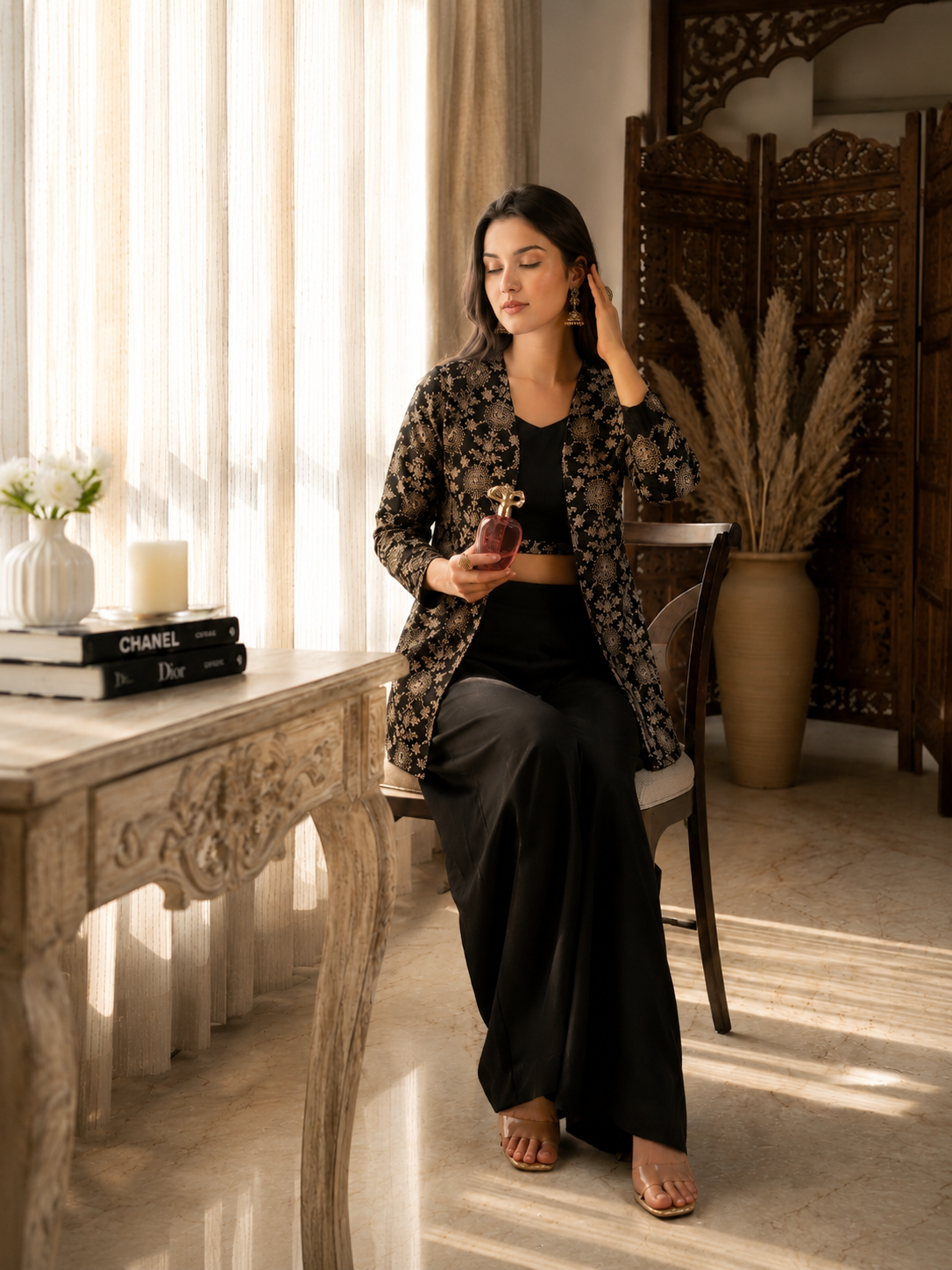 Black Ethnic Chanderi Silk Co-Ord Set for Women With Embroidered Jacket | Claura