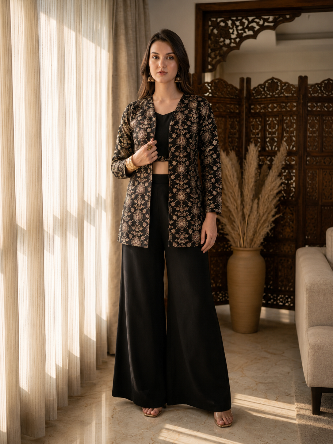 Black Ethnic Chanderi Silk Co-Ord Set for Women With Embroidered Jacket | Claura