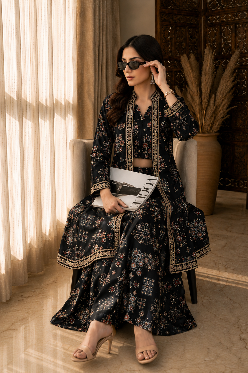 Black Ethnic Printed 3-Piece Chanderi Silk Co-Ord Set for Women | Claura
