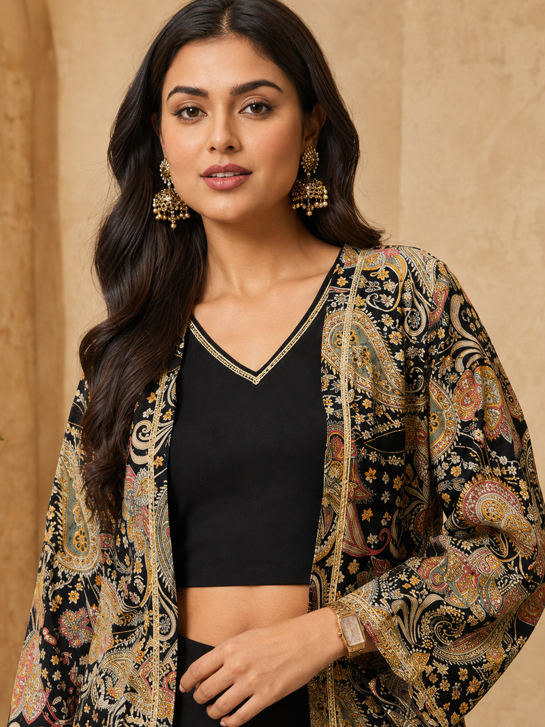 Black Ethnic Chanderi Silk Co-Ord Set for Women With Jacket