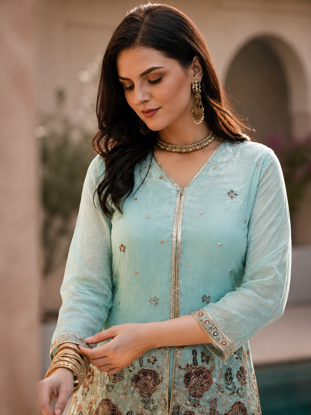 Pastel Blue Embroidered Tunic with Flowy Palazzo Set | Claura