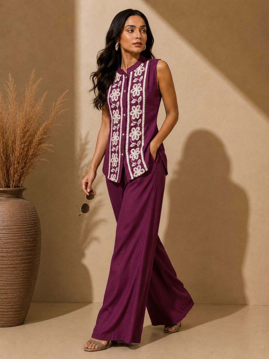 Purple Embroidered Sleeveless Linen Top & Palazzo Set | Claura
