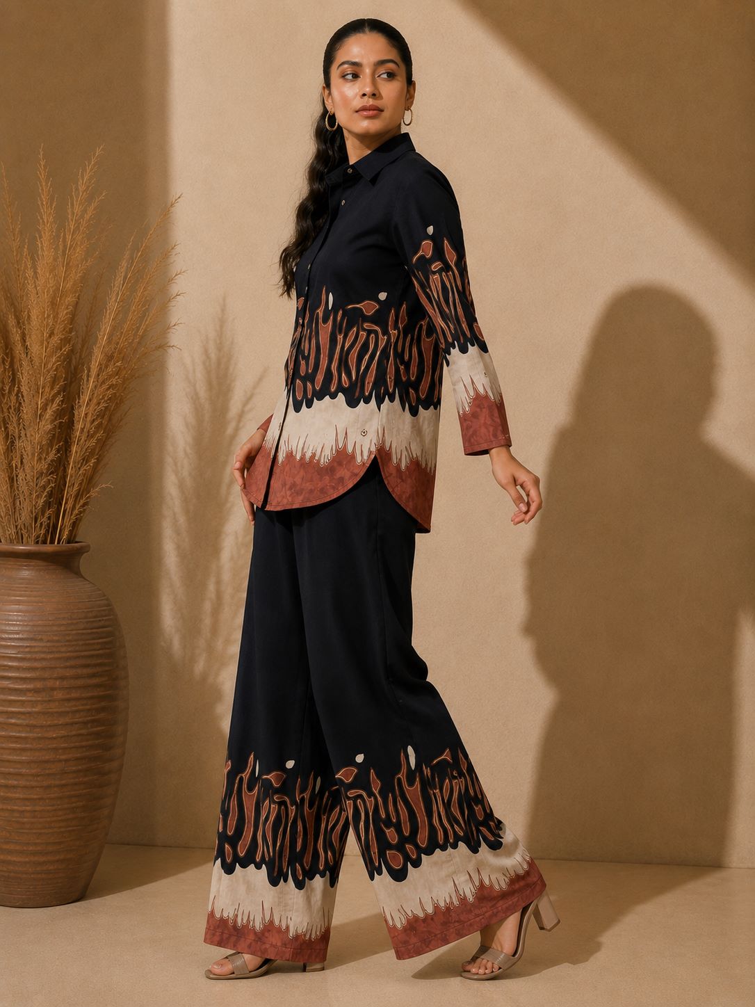 Black Color Abstract Printed Silk Co-Ord Set For Women | Claura