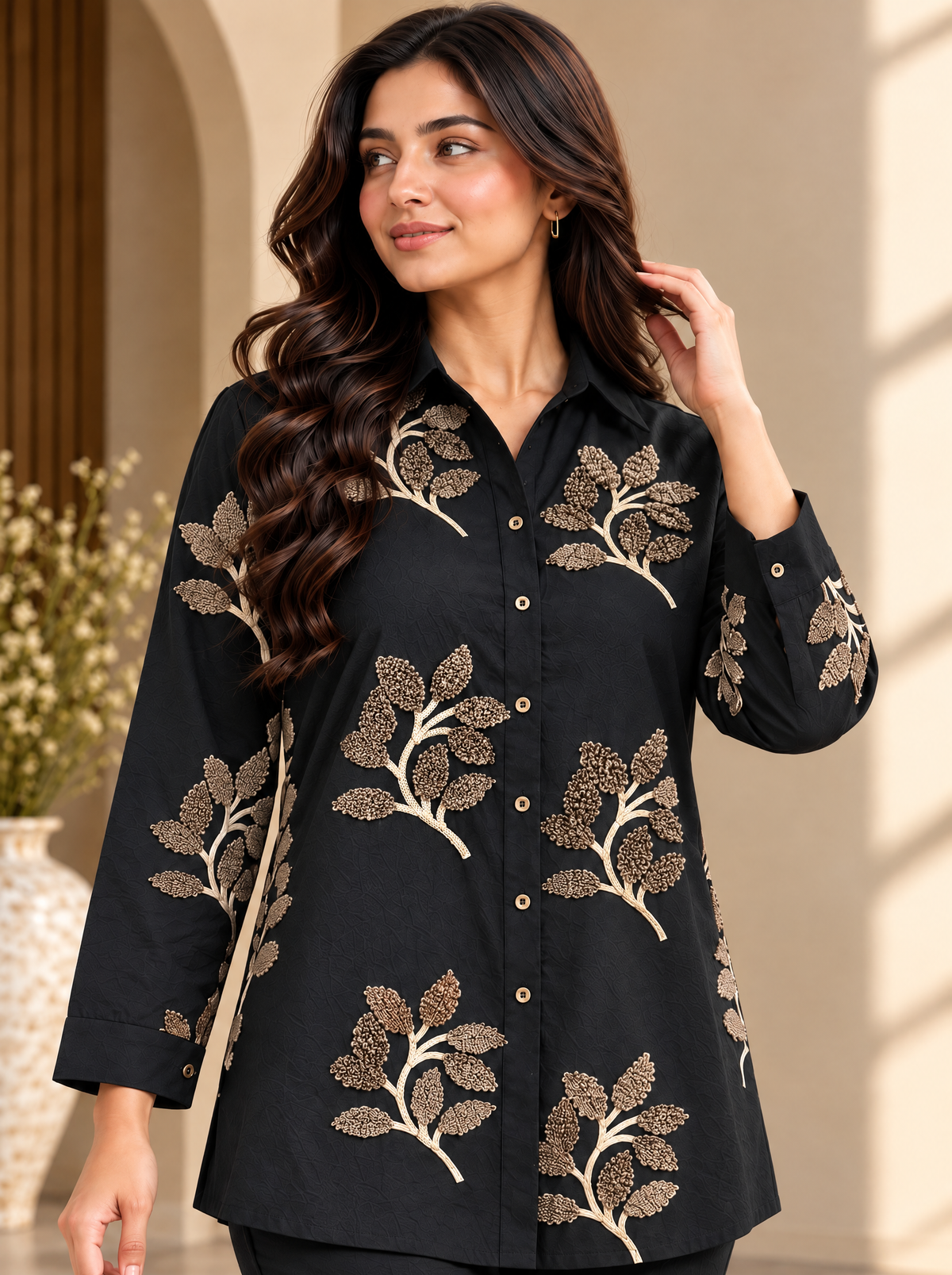 Black & Gold Embroidered Tunic with Flared Palazzo Set | Claura