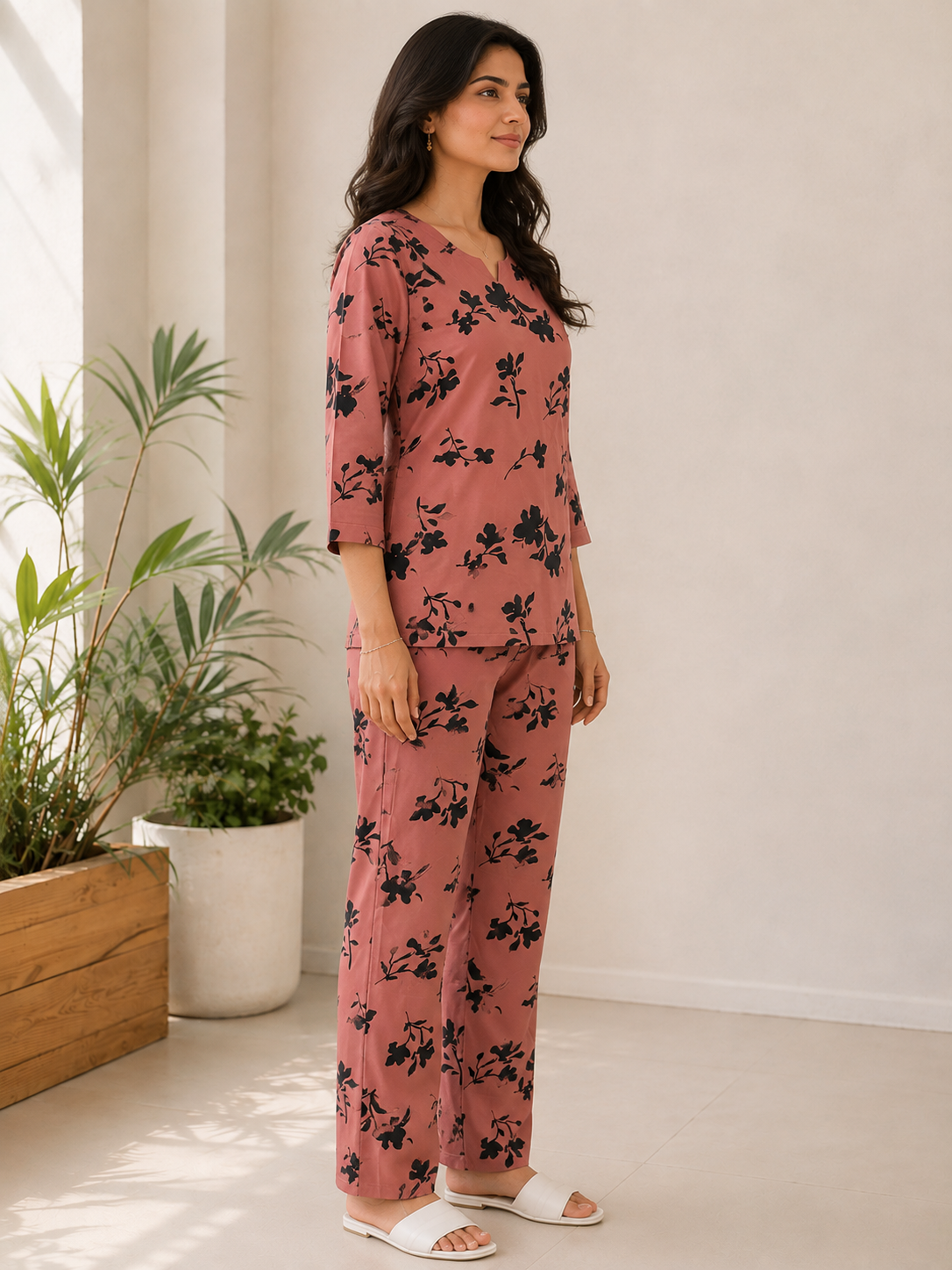 Rust Bloom Floral Print Rayon Night Suit Set For Women | Claura