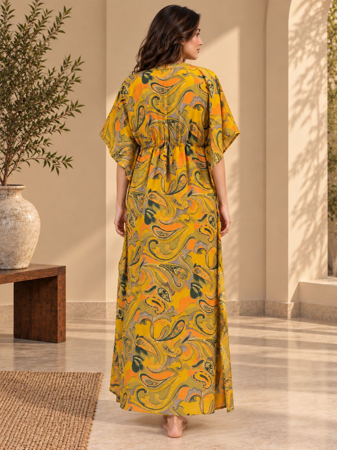 Yellow Printed V-Neck Relaxed Maxi Kaftan For Women | Claura