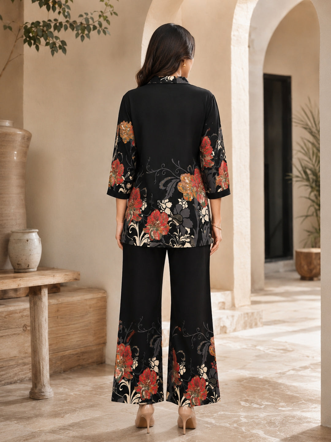 Black Floral Viscose Rayon Casual Co-ord Set for Women