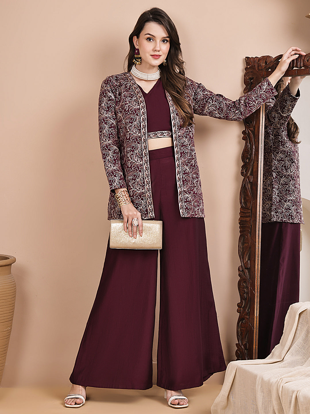 Wine Co-Ord Set with pants & short sleeve top