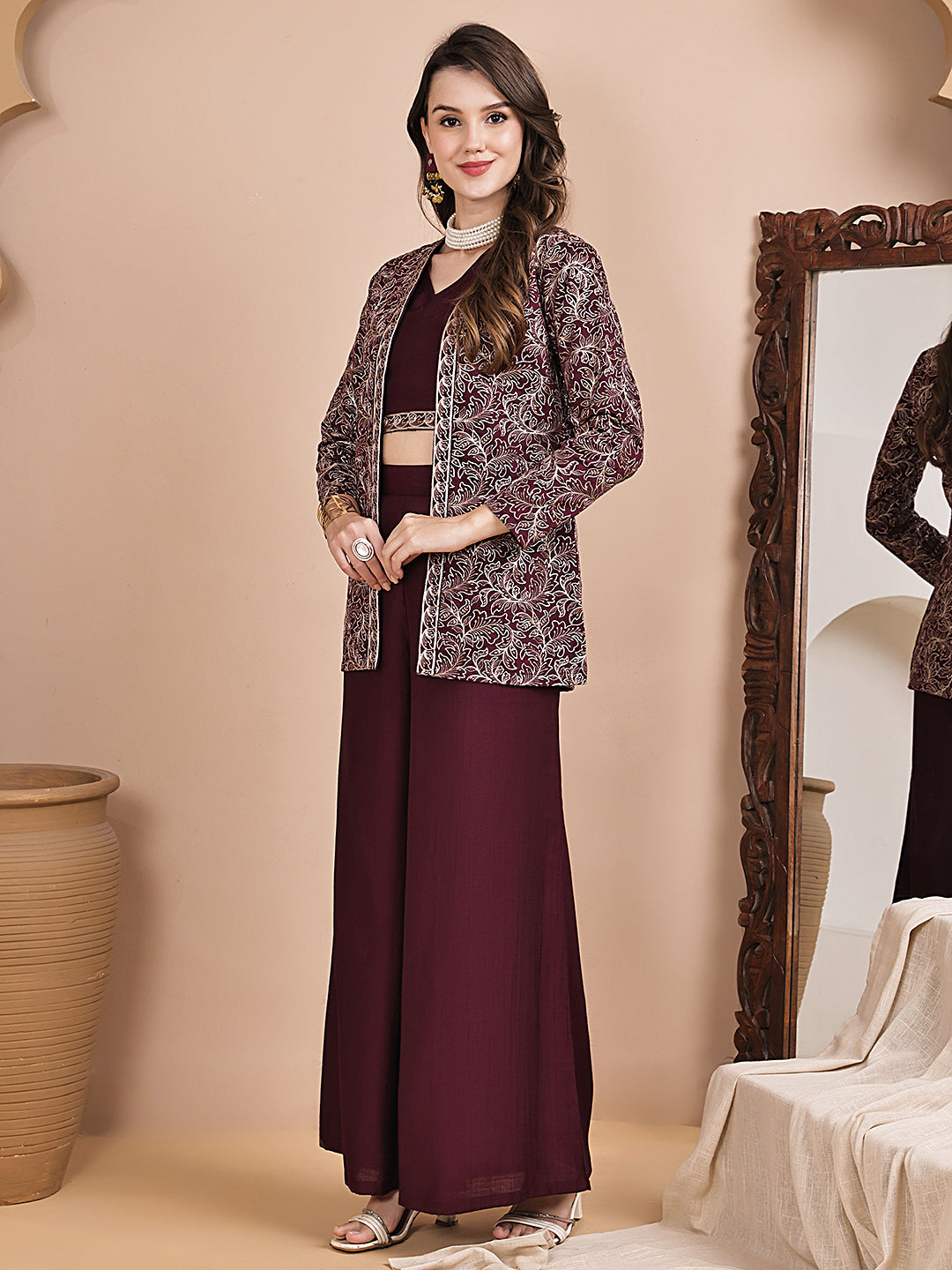 Woman wearing wine ethnic printed Co-Ord Set