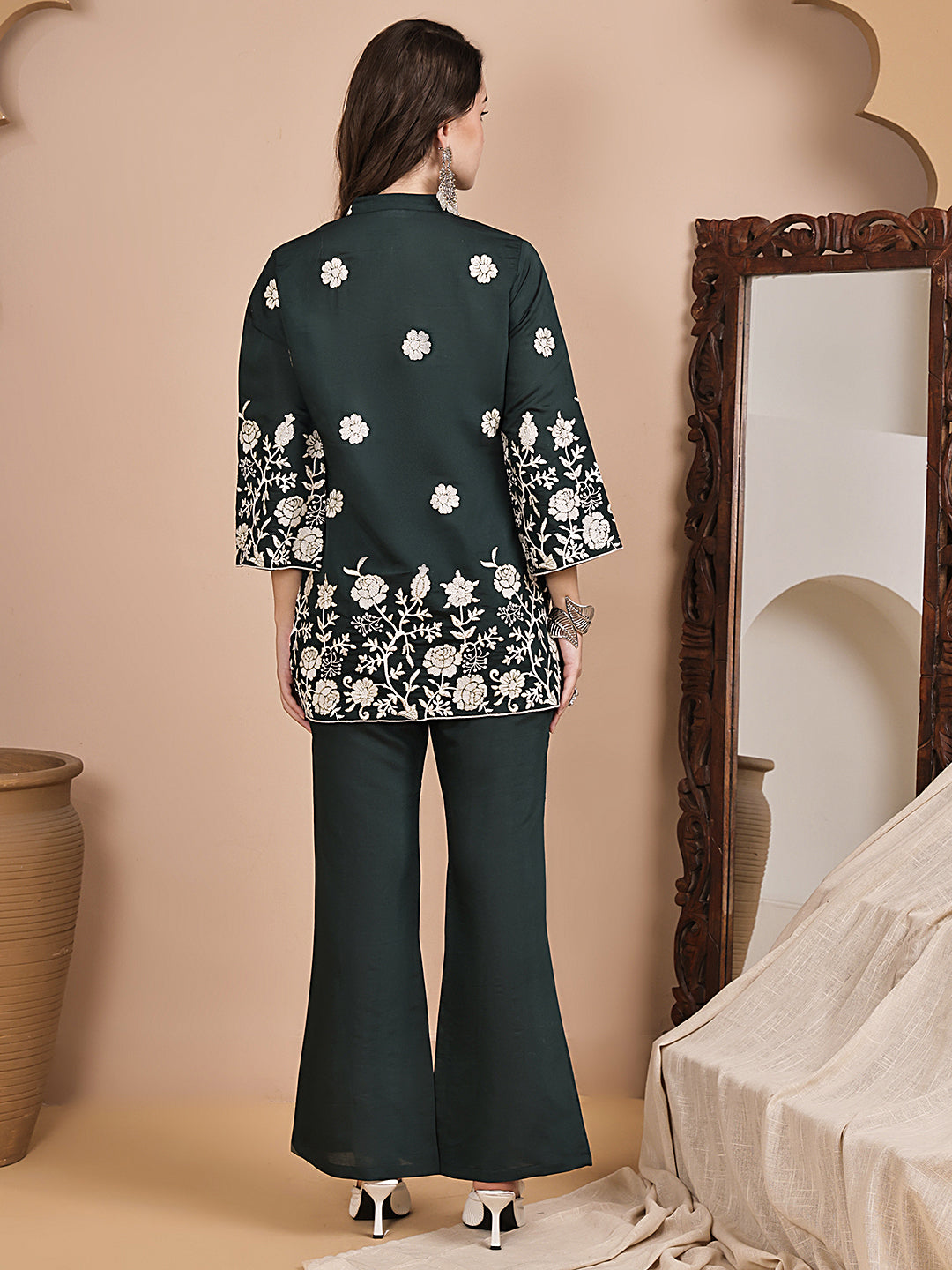 Back view of model styling Green floral co-ord outfit