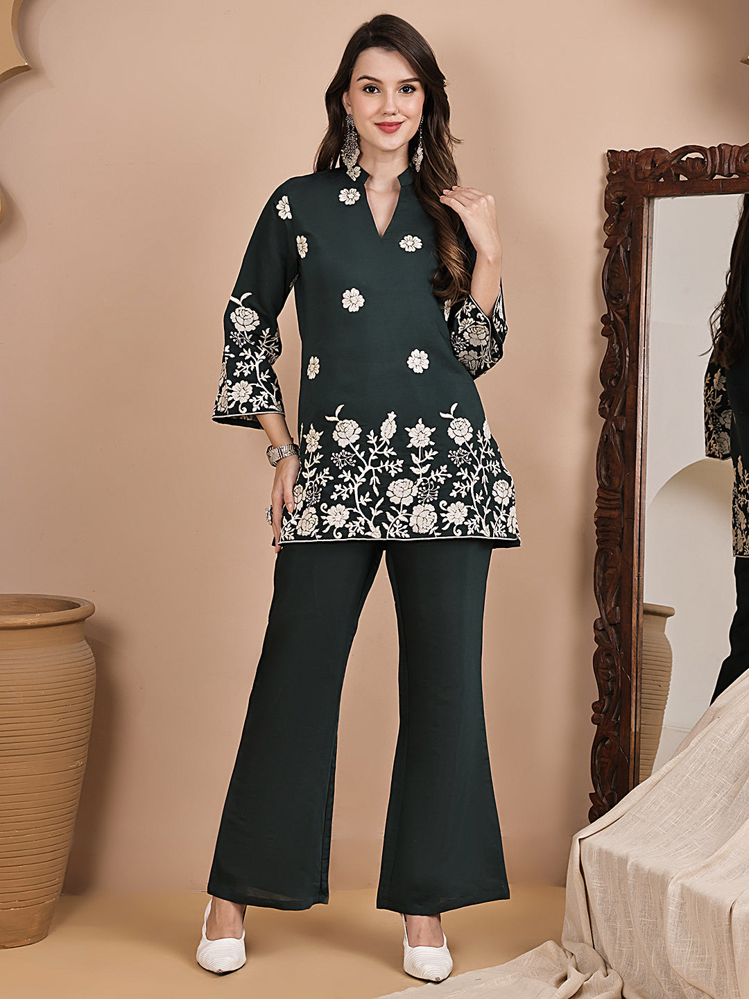 Green Co-Ord Set with Trousers & Mandarin Collar Top