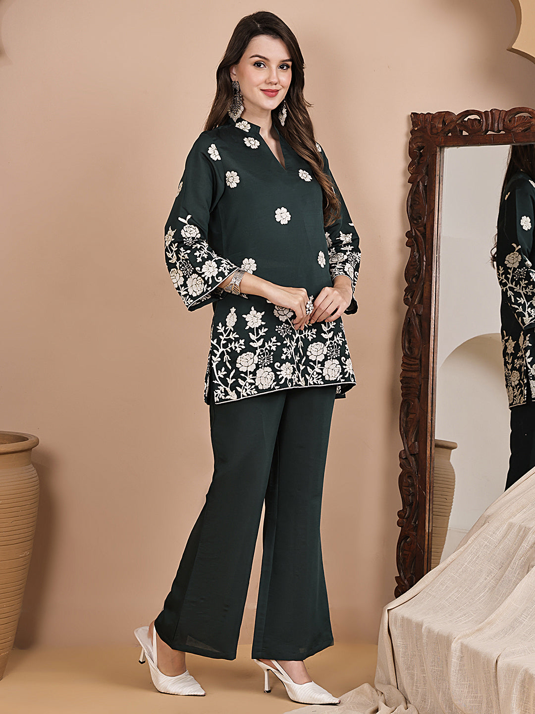 Green Floral Embroidery Chanderi Silk Co-Ord Set for Women | Claura