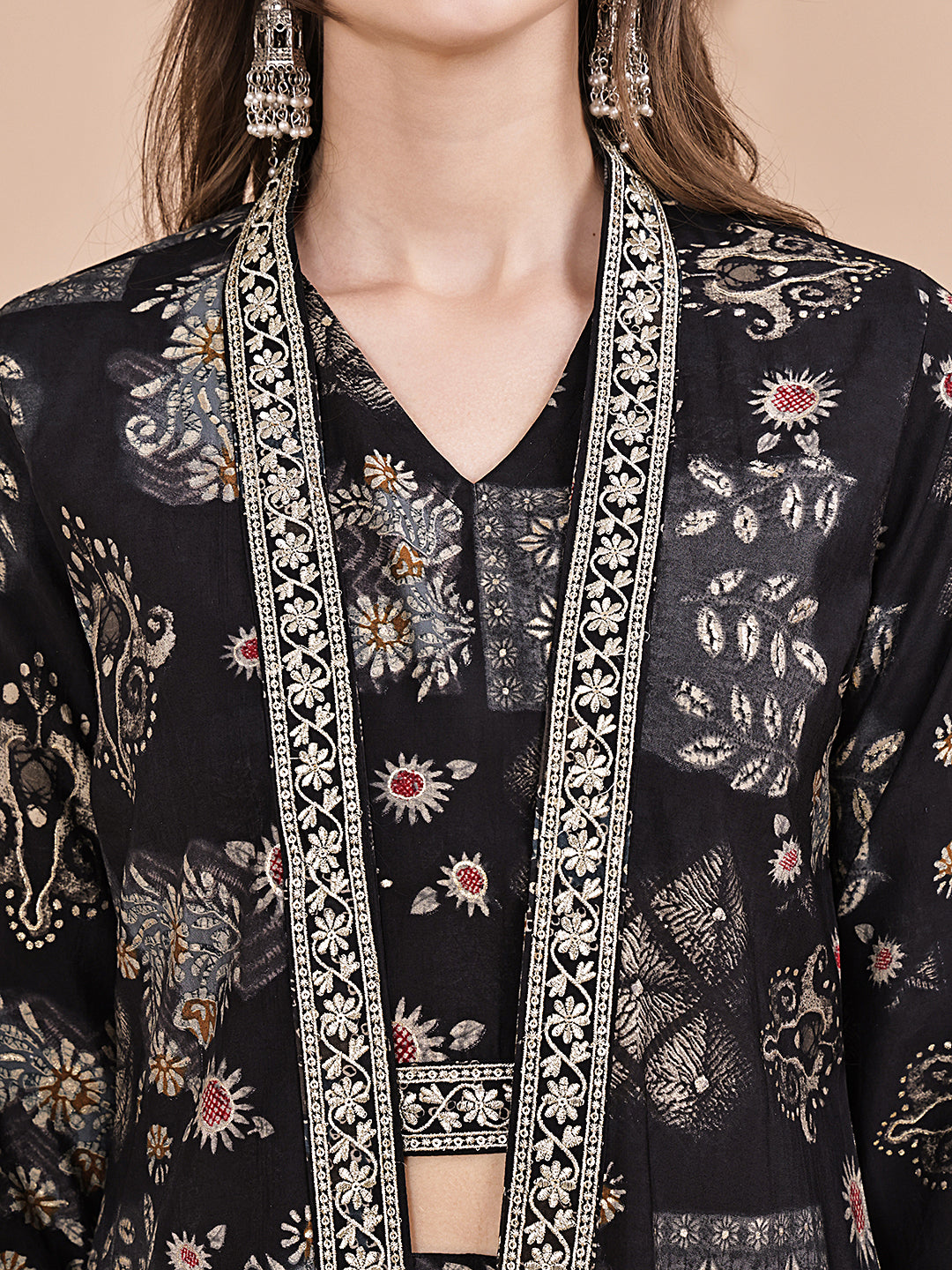 Black Ethnic Printed 3-Piece Chanderi Silk Co-Ord Set for Women | Claura