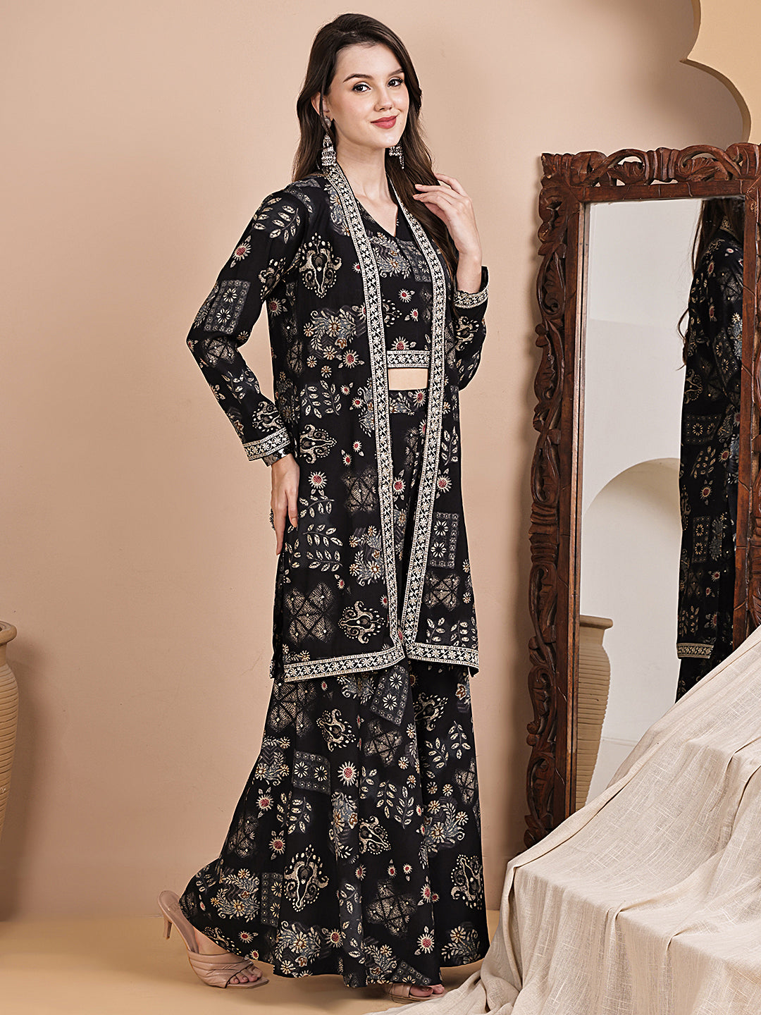 Black Ethnic Printed 3-Piece Chanderi Silk Co-Ord Set for Women | Claura